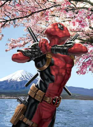 死侍在櫻花下持劍，身後是富士山。 — 死侍 壁紙