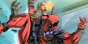 死侍以漫畫風格用能量光束與一名男子戰鬥。 — 死侍 壁紙