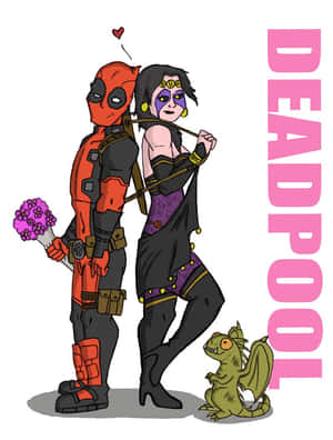 死侍向一位戴面具的女性獻花，他們旁邊有一條小龍。 — 死侍 壁紙