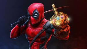 死侍手持劍和帶有發光寶石的無限手套。 — 4K Marvel 壁紙