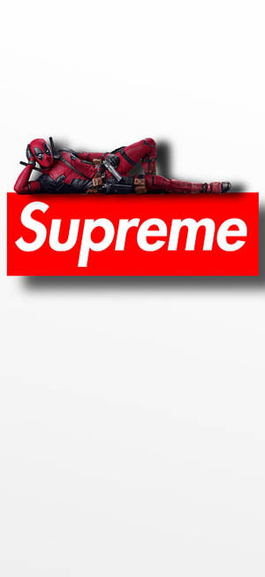 死侍角色躺在一個紅色Supreme標誌盒子上。 — 漫威標誌 壁紙
