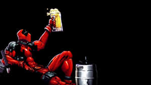 死侍在黑色背景前，在啤酒桶旁用啤酒杯祝酒。 — 啤酒 壁紙