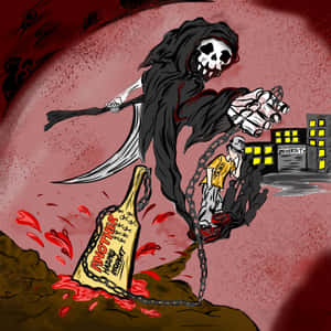 死神用鎖鏈拖住學生向大學走去，地上有打翻的啤酒瓶標有事件。 — 插畫 壁紙