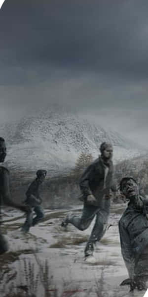 殭屍在雪地上奔跑，朝著山脈，天空暴風雨。 — 電玩遊戲 GIF 壁紙