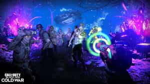 殭屍在發光的外星廢墟中攻擊，一把未來武器正在射擊。 — 電玩遊戲 GIF 壁紙