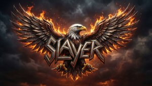 一隻燃燒的鷹展開翅膀，在黑暗的風暴天空下托住 Slayer 標誌。