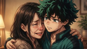 兩個動漫角色在室內擁抱哭泣。 — 綠谷出久 壁紙