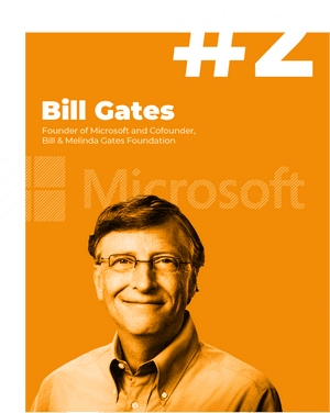 比爾·蓋茲在專業肖像中微笑，帶有Microsoft品牌。
