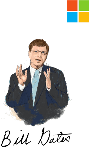 比爾·蓋茲穿著西裝以手勢示意，上方有Microsoft標誌