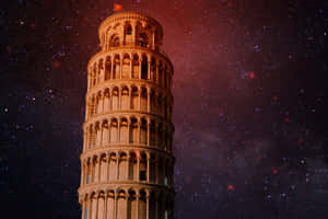 比薩斜塔在紅色和紫色色調的星空下亮起。 — 神之塔 壁紙