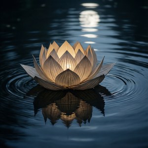 簡約場景，月光下蓮燈漂浮在暗色池塘上。