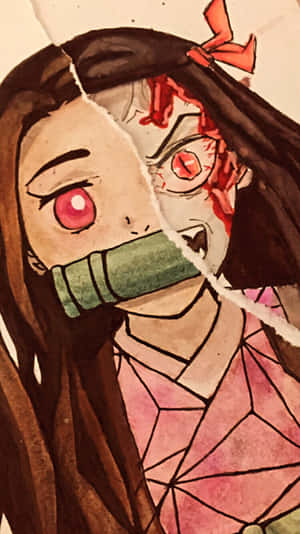 紅眼睛動畫女孩，綠色封口布裂開露出帶血惡魔臉。 — 鬼滅之刃 壁紙
