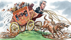 一輛 Wells Fargo 驛馬車裝滿包裹，被馬匹拉過泥濘。 — 藝術 壁紙