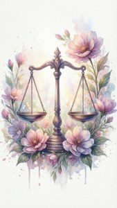 柔和粉彩的天秤座秤子，搭配水彩花卉點綴。 — 天秤座 壁紙