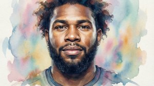 一幅柔和的水彩畫，描繪了德瑞克·亨利（Derrick Henry）神情平靜的模樣。 — 德里克·亨利 壁紙
