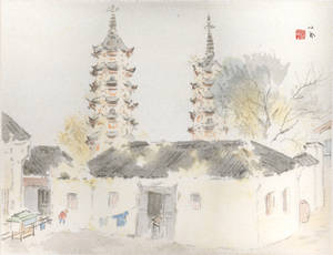 兩座寶塔俯瞰著寧靜的村莊，一個小孩在門口附近玩耍。 — 暗色花卉 壁紙