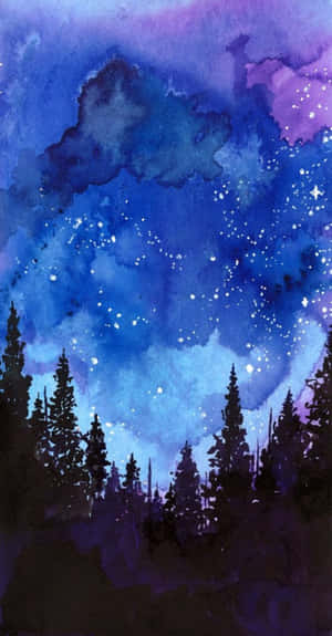 水彩畫中，星空藍紫色夜空下的松樹剪影。 — Pixel Fold 壁紙