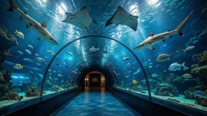 水下隧道水族館，鯊魚、魟魚和熱帶魚在頭頂游過。 — 杜拜 壁紙