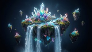 在黑暗宇宙環境中，帶有瀑布的覆蓋水晶的漂浮島嶼。 — 奇幻 壁紙