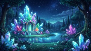 在星星下，夜晚的魔法森林中發光的水晶神殿。 — 卡通頻道 壁紙