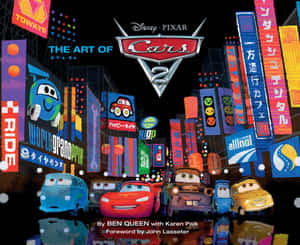 《汽車總動員2》藝術書封面，展示動畫汽車在霓虹燈東京夜景中。 — 迪士尼汽車總動員 壁紙