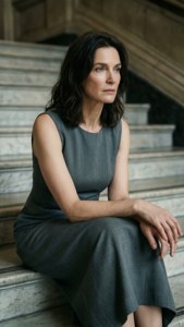 身穿灰色連衣裙的女性坐在室內大理石樓梯上