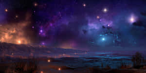沙漠山谷，在星空下，有發光的星雲和遙遠的光芒 — 宇宙 壁紙