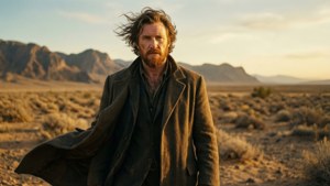 Cillian Murphy在沙漠黃金時刻的史詩級鏡頭，風吹拂著。