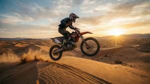 摩托越野車手在日落時分飛越沙丘。 — 極限運動 壁紙