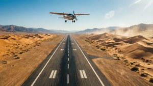 沙漠中跑道的空拍畫面，沙丘環繞，一架低空飛行的飛機 — 伸展台 壁紙