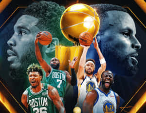 波士頓塞爾提克與金州勇士的NBA球員以冠軍獎盃和籃球慶祝。 — 運動 壁紙