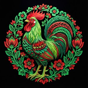 一隻色彩繽紛的公雞，被紅花和綠葉環繞在圓形設計中。