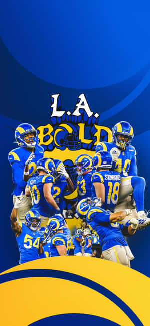 洛杉磯公羊隊美式足球員身穿藍色和金色球衣，以「L.A. BOLD」文字慶祝。 — iPhone 18 壁紙