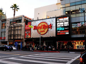 洛杉磯市中心，黃昏的 Hard Rock Cafe，有行人和棕櫚樹。 — 好萊塢街頭 壁紙