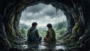 兄妹倆在雨中於洞穴內避雨 — 螢火蟲之墓 壁紙