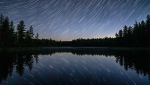 夜晚湖面倒映的星軌，周圍環繞著松樹。