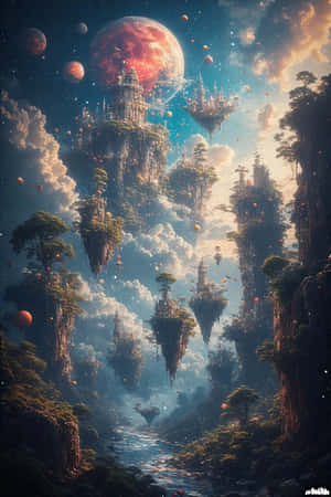 在宇宙天空中，浮島上有城堡和樹木，伴隨著紅色星球。 — iPhone 4 壁紙