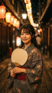 櫻島麻衣在夏季祭典中身穿浴衣的姿態。