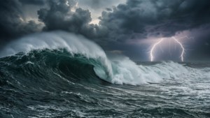 波濤洶湧的暴風雨海洋，伴隨巨浪與閃電。 — 海洋 壁紙