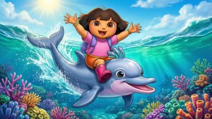 Dora the Explorer 騎著海豚穿過色彩繽紛的珊瑚礁，伴隨著陽光照耀的波浪。 — 愛探險的朵拉 壁紙