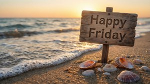 沙灘上的Happy Friday木牌，伴隨著海浪和貝殼，日落時分。 — ROG Ally 壁紙