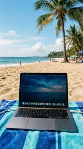 銀色筆記型電腦在藍色毛巾上，陽光沙灘，棕櫚樹，海洋 — MacBook 動態圖片 壁紙