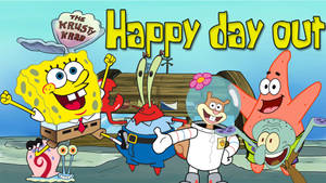 海綿寶寶和朋友們在蟹堡王前微笑，帶有「Happy day out」文字。 — 蟹老闆 壁紙