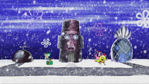 海綿寶寶和派大星穿著冬季裝備在雪花下慶祝聖誕節。 — 海绵宝宝 壁紙