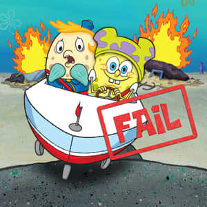海綿寶寶和派大星在一艘標有「FAIL」的火焰船中在水下。 — 海绵宝宝 壁紙