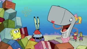 海綿寶寶和蟹老闆對一條游過水底色彩繽紛積木的巨大鯨魚作出反應。 — 海蒂克隆 壁紙