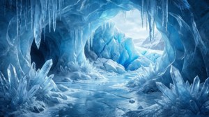 一個壯觀的冰洞，藍色水晶和冰柱引向白雪皚皚的山景。 — ROG Ally 壁紙