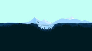 一座風格化的橋樑，橫跨森林，背景有山脈。 — Canva 壁紙