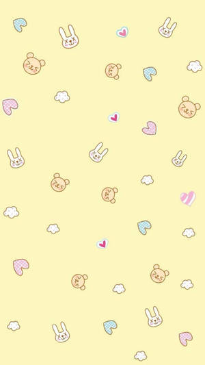 淡黃色背景上的可愛卡通兔子、熊、愛心和雲朵。 — 黃色美學 GIF 壁紙