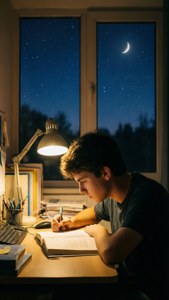 年輕學生在夜晚靠窗學習，可見月亮和星星。 — 書桌 壁紙